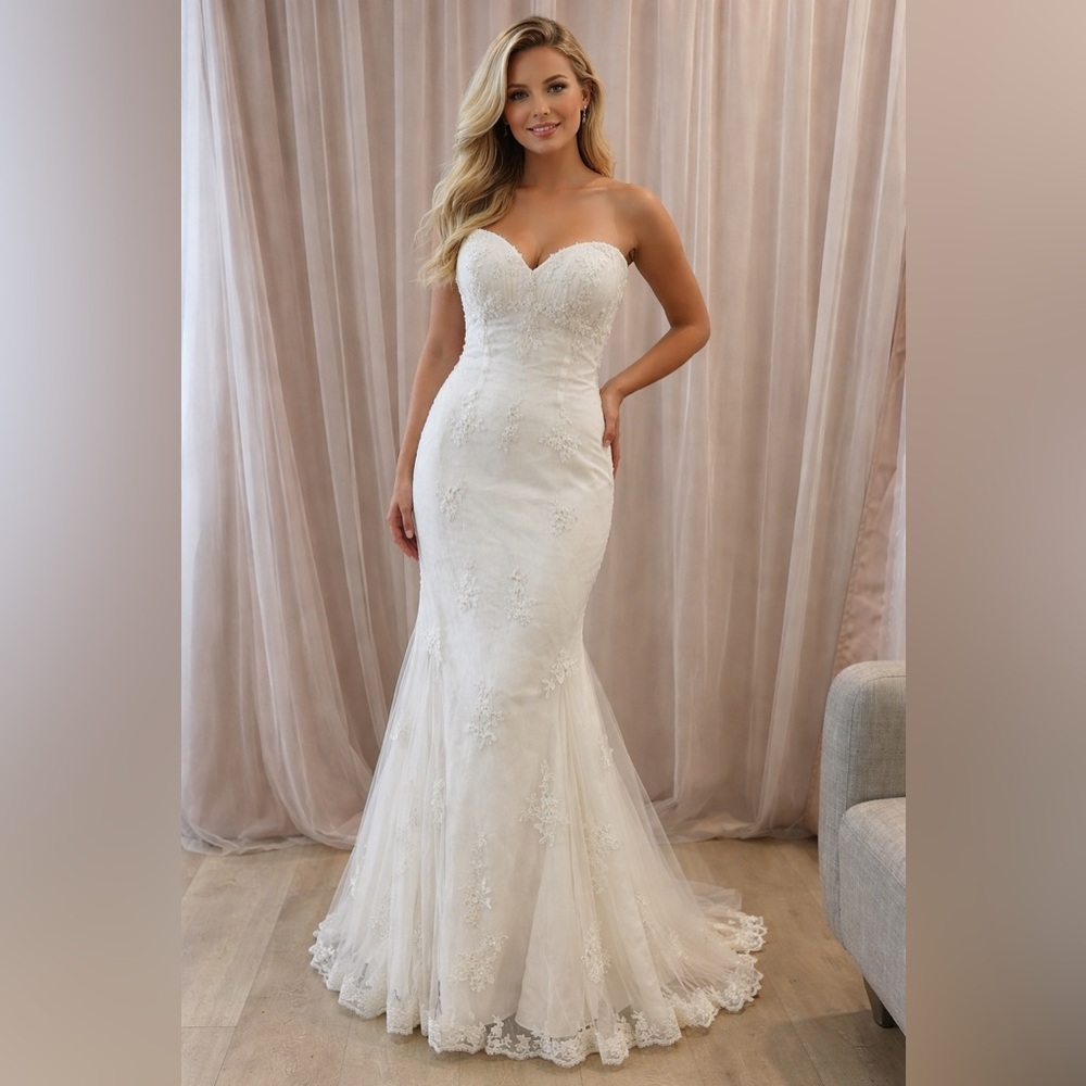 David's Bridal Strapless Sweetheart Lace Mermaid Gown in White